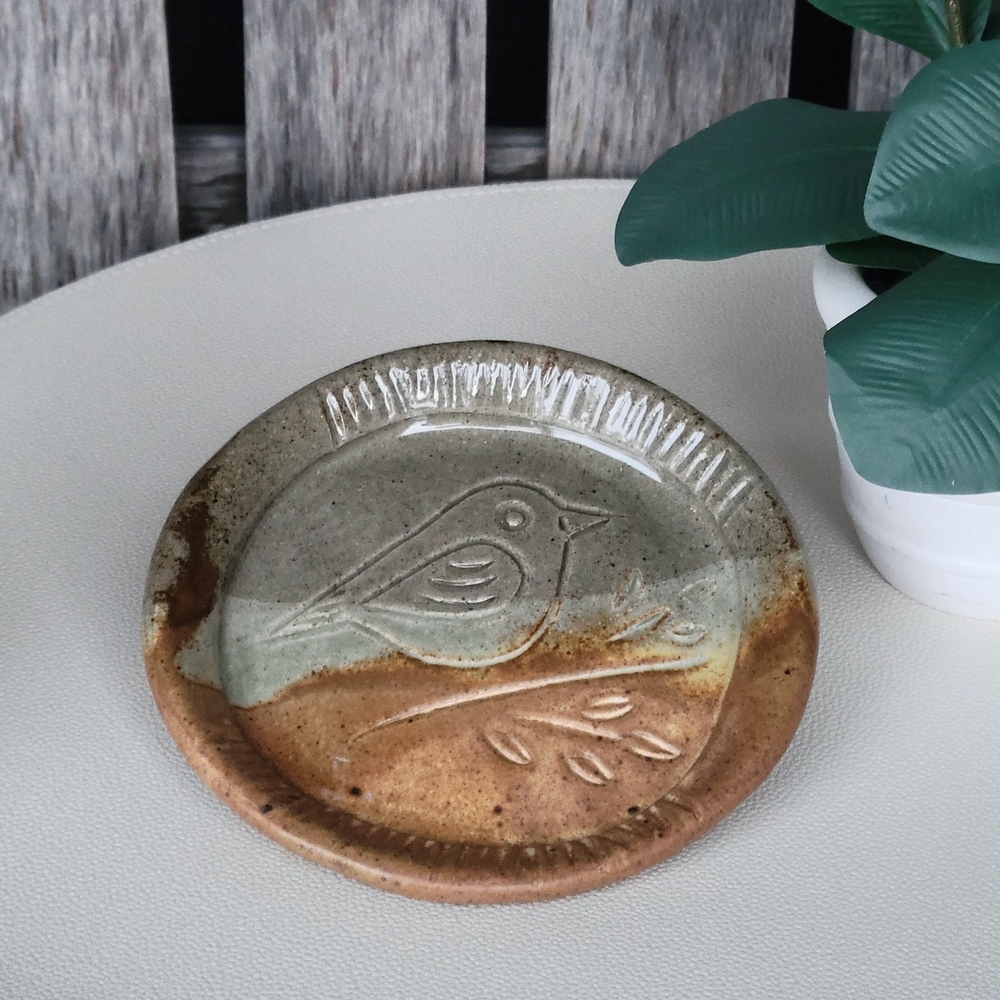 Bird & Branch Glazed Sage Pottery Plate - Picture 2 of 6